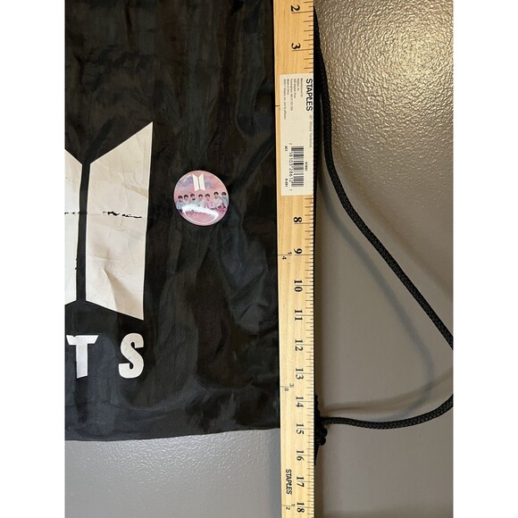 BTS Drawstring Backpack Bag Black K-Pop Logo with Love Yourself Button Pins Set - Picture 6 of 6
